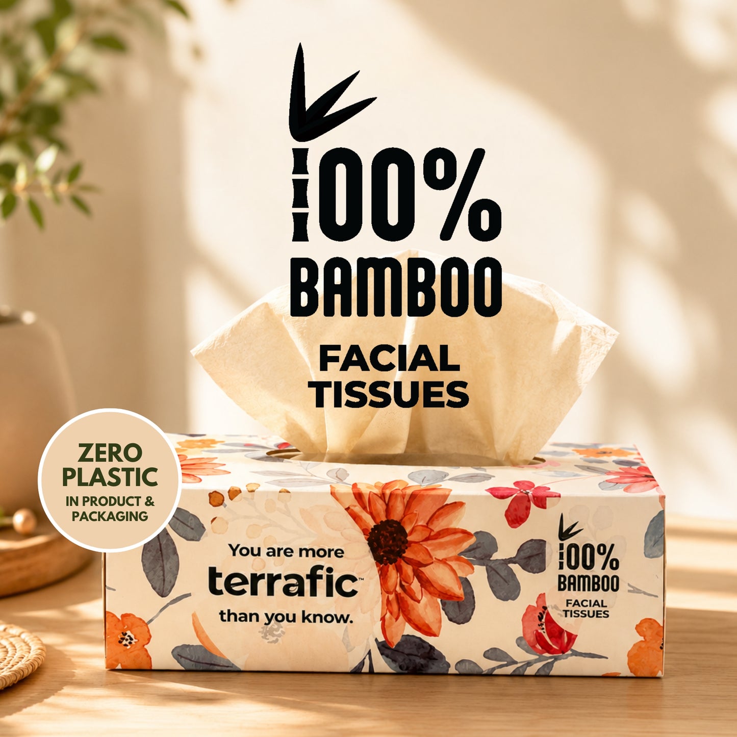 Terrafic Bamboo Facial Tissues, Soft & Strong 2-Ply Sheets. Skin-Safe, Highly Absorbent & Biodegradable