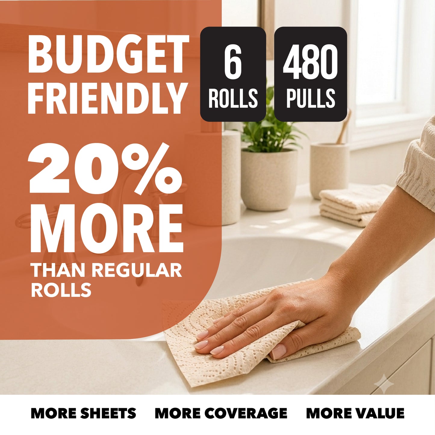 Terrafic Bamboo Kitchen Tissue Rolls | 6 Rolls x 80 Pulls (480 Sheets Total) | Soft, Strong & Highly Absorbent 2-Ply Kitchen Paper Towels | Food-Safe for Cleaning, Cooking & Everyday Multi-Purpose Use