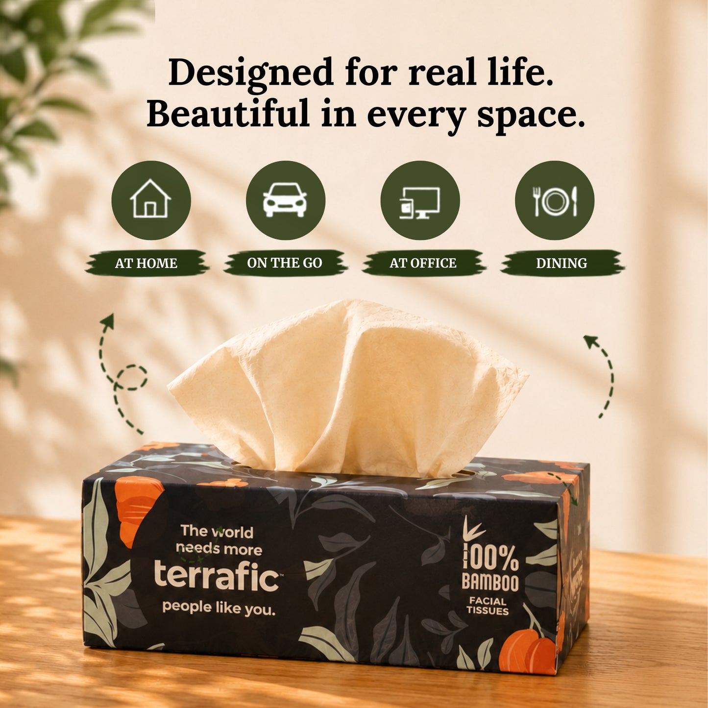 Terrafic Bamboo Facial Tissues, Soft & Strong 2-Ply Sheets. Skin-Safe, Highly Absorbent & Biodegradable