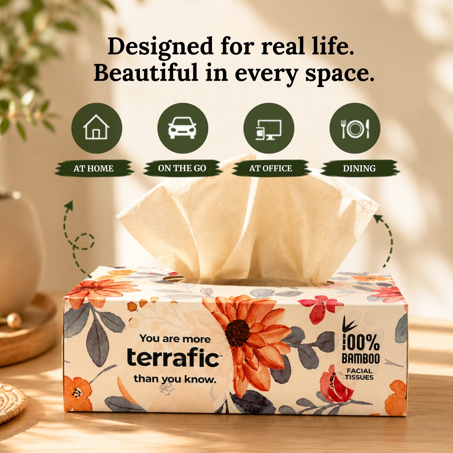 Terrafic Bamboo Facial Tissues, Soft & Strong 2-Ply Sheets. Skin-Safe, Highly Absorbent & Biodegradable