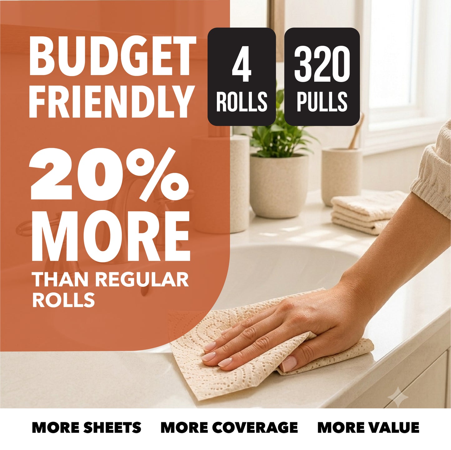 Terrafic Bamboo Kitchen Tissue Rolls | 4 Rolls x 80 Pulls (320 Sheets Total) | Soft, Strong & Highly Absorbent 2-Ply Kitchen Paper Towels | Food-Safe for Cleaning, Cooking & Everyday Multi-Purpose Use