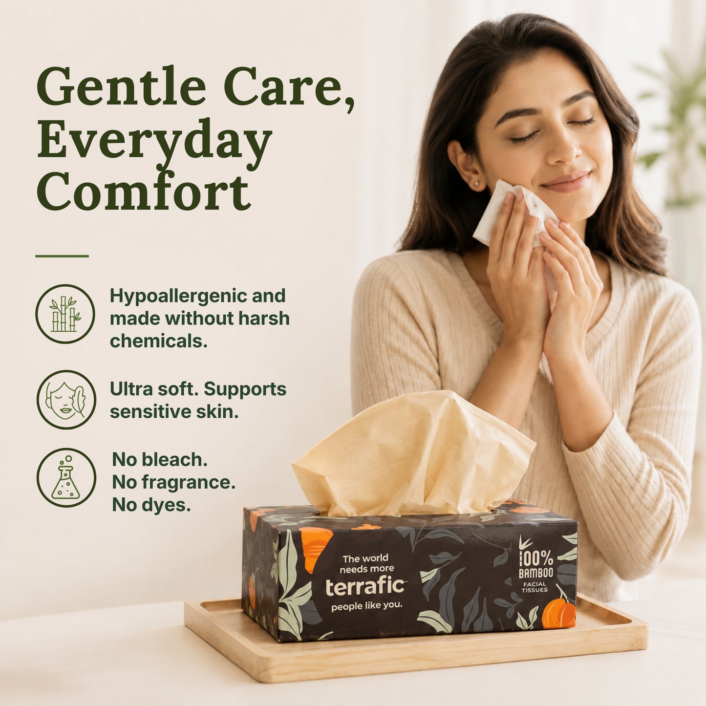 Terrafic Bamboo Facial Tissues, Soft & Strong 2-Ply Sheets. Skin-Safe, Highly Absorbent & Biodegradable