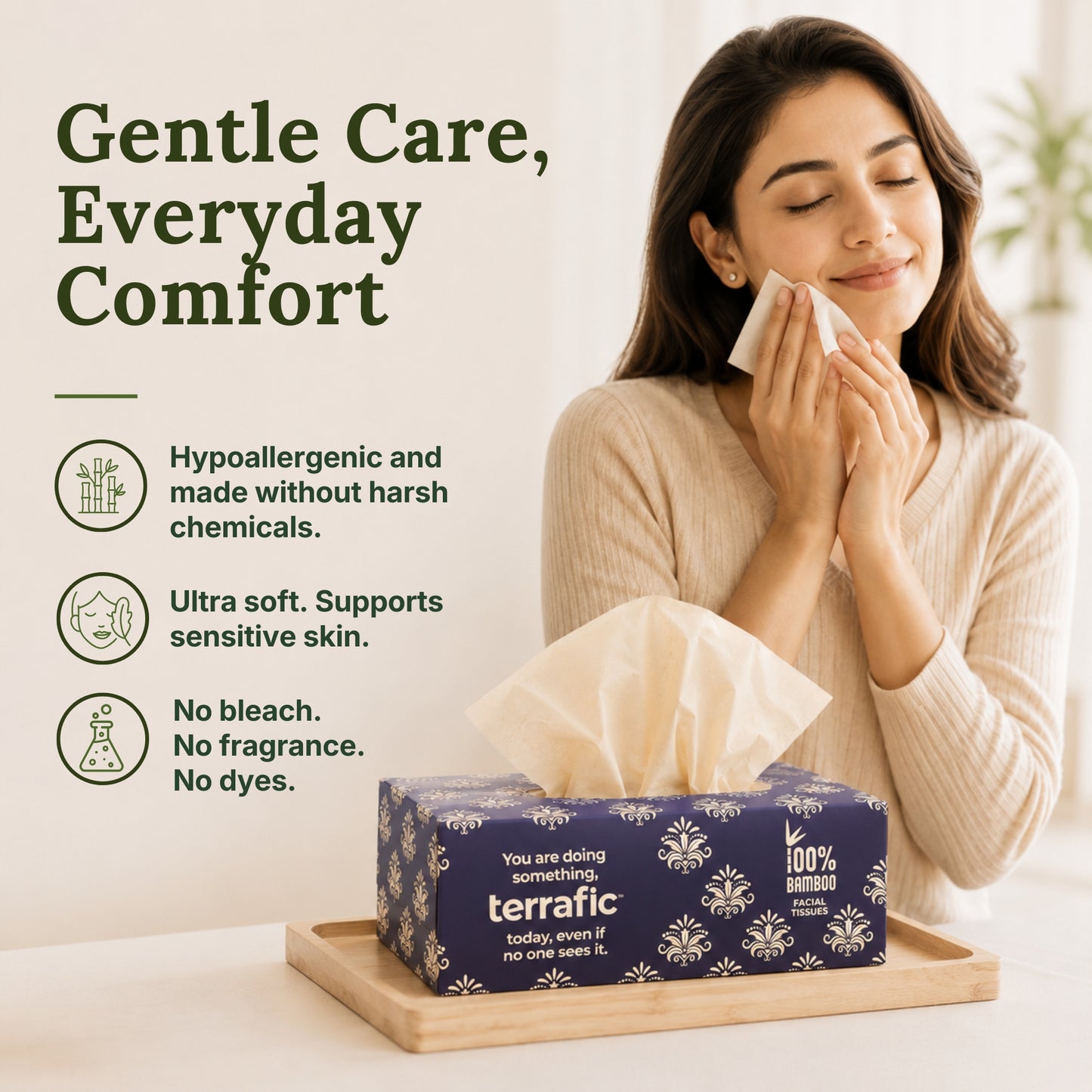 Terrafic Bamboo Facial Tissues, Soft & Strong 2-Ply Sheets. Skin-Safe, Highly Absorbent & Biodegradable