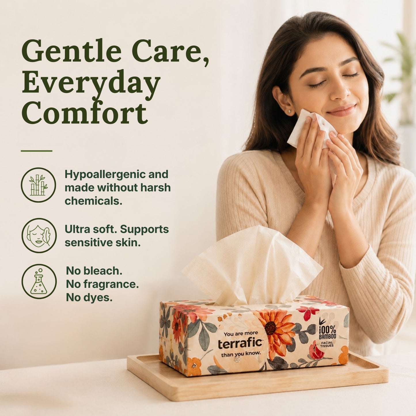 Terrafic Bamboo Facial Tissues, Soft & Strong 2-Ply Sheets. Skin-Safe, Highly Absorbent & Biodegradable