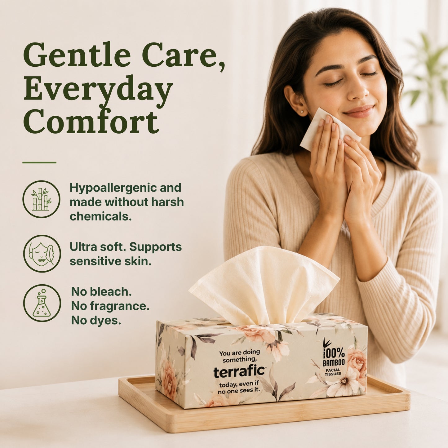 Terrafic Bamboo Facial Tissues, Soft & Strong 2-Ply Sheets. Skin-Safe, Highly Absorbent & Biodegradable