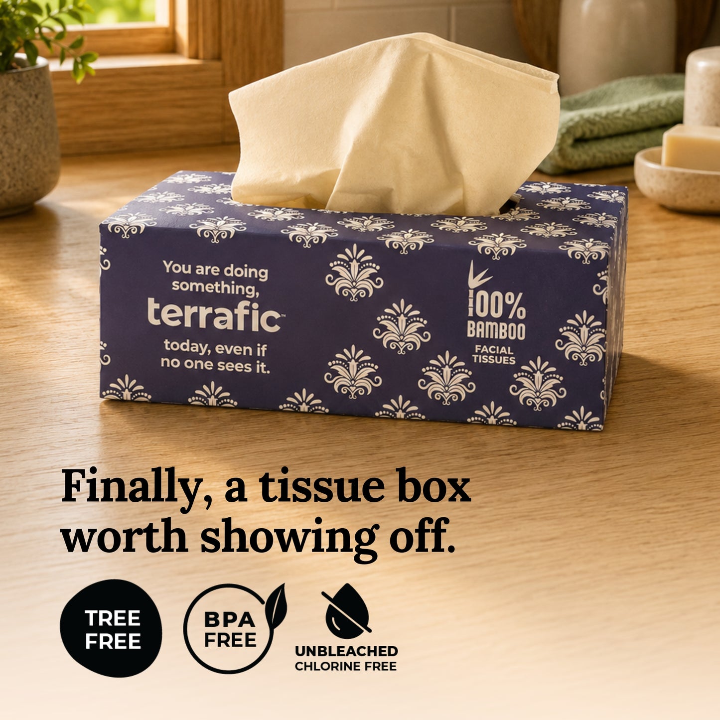 Terrafic Bamboo Facial Tissues, Soft & Strong 2-Ply Sheets. Skin-Safe, Highly Absorbent & Biodegradable