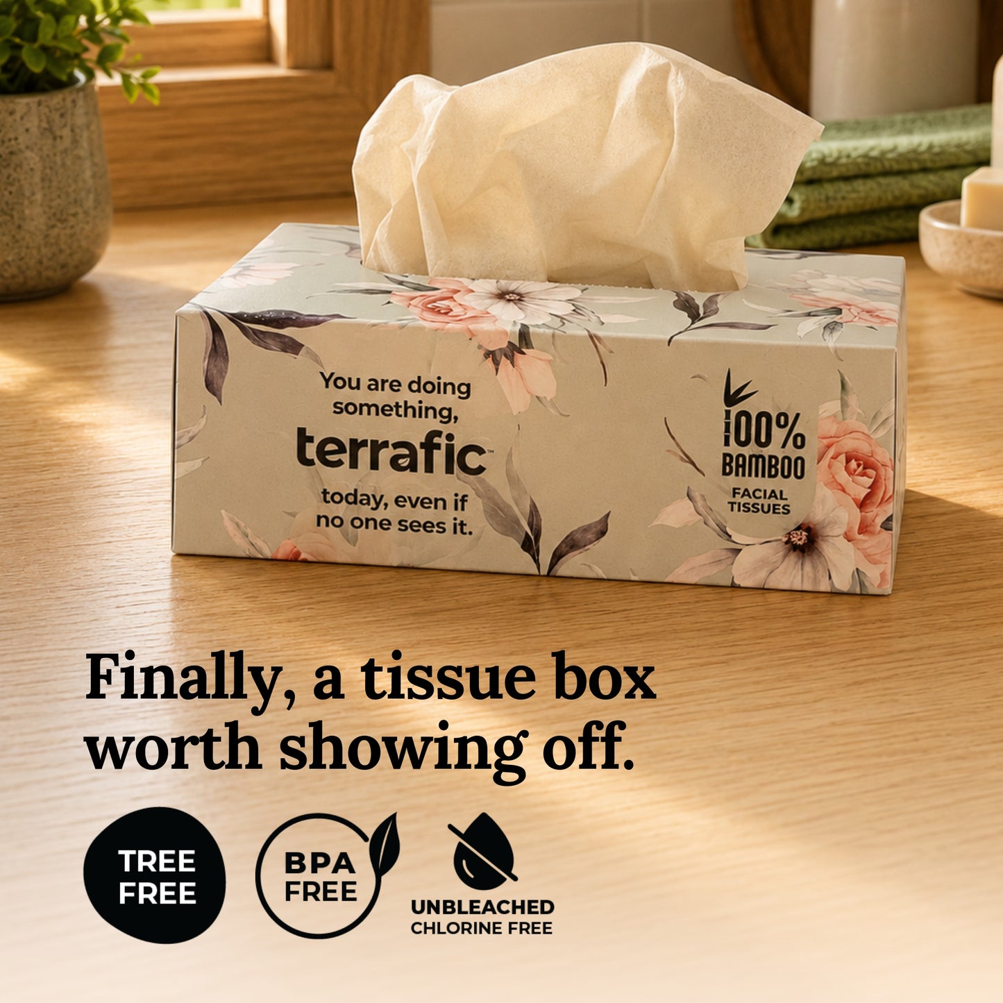 Terrafic Bamboo Facial Tissues, Soft & Strong 2-Ply Sheets. Skin-Safe, Highly Absorbent & Biodegradable