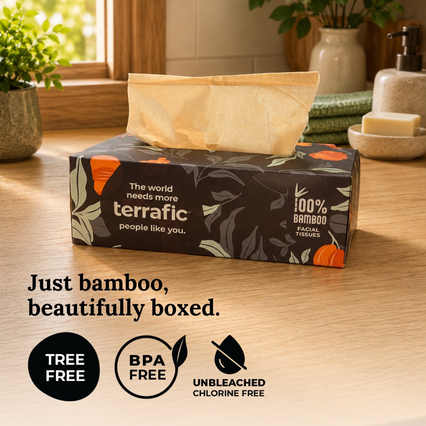 Terrafic Bamboo Facial Tissues, Soft & Strong 2-Ply Sheets. Skin-Safe, Highly Absorbent & Biodegradable