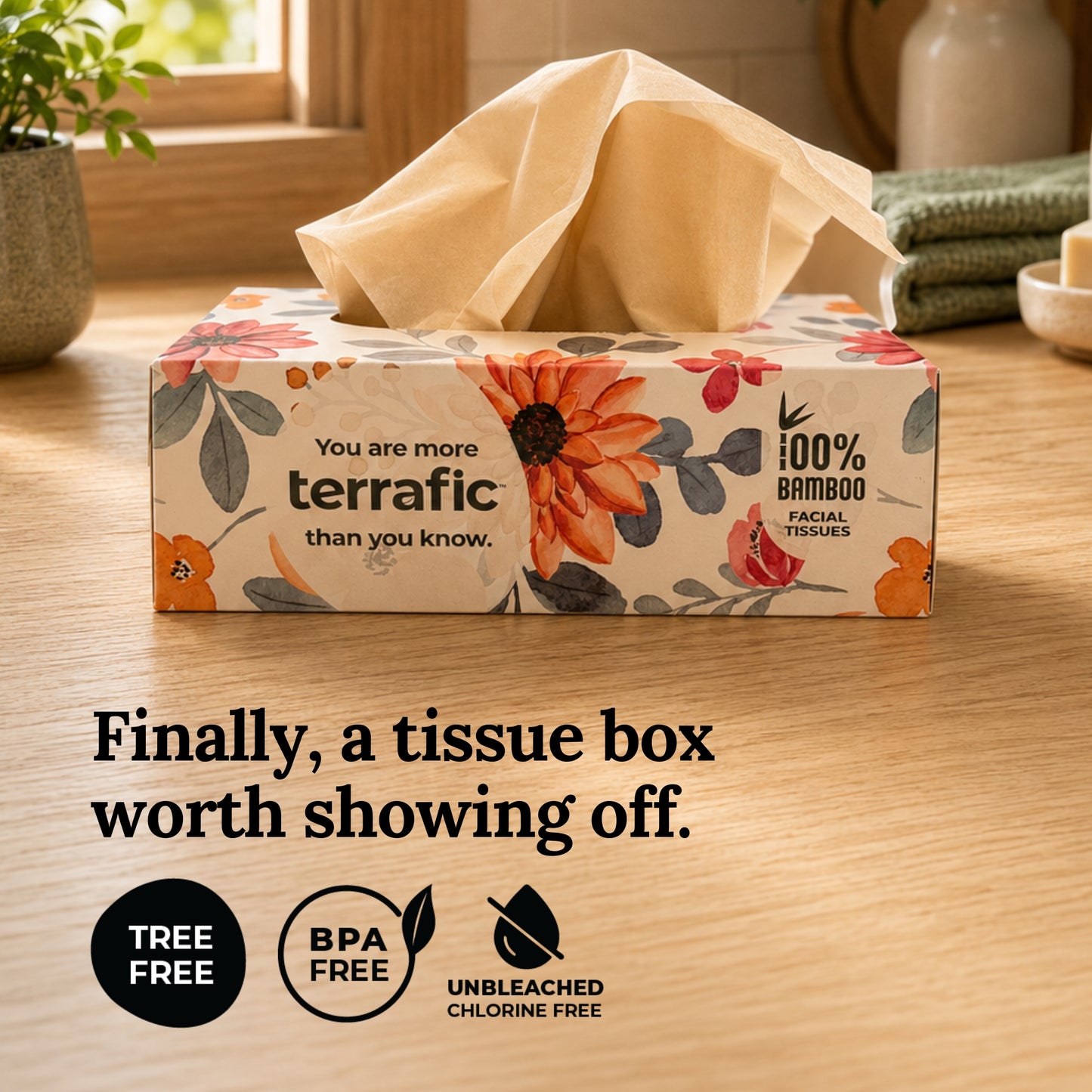 Terrafic Bamboo Facial Tissues, Soft & Strong 2-Ply Sheets. Skin-Safe, Highly Absorbent & Biodegradable