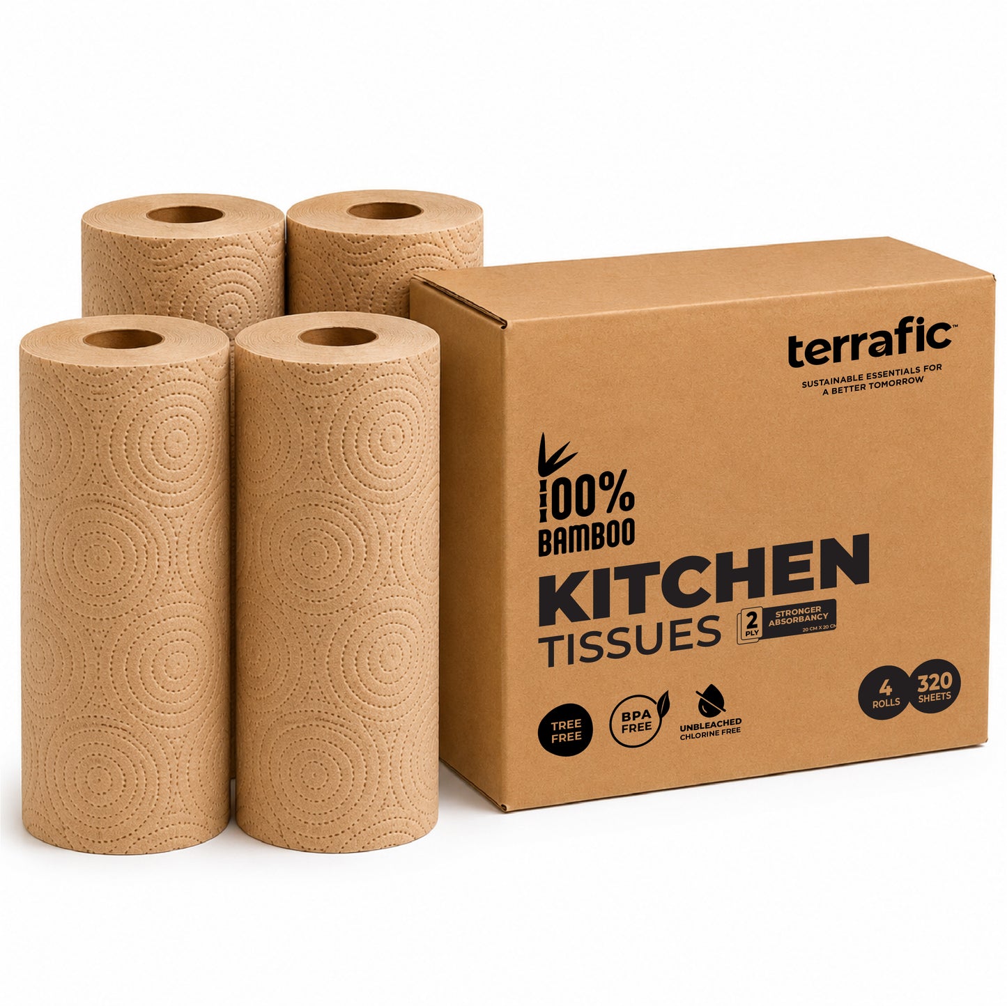 Terrafic Bamboo Kitchen Tissue Rolls | 4 Rolls x 80 Pulls (320 Sheets Total) | Soft, Strong & Highly Absorbent 2-Ply Kitchen Paper Towels | Food-Safe for Cleaning, Cooking & Everyday Multi-Purpose Use