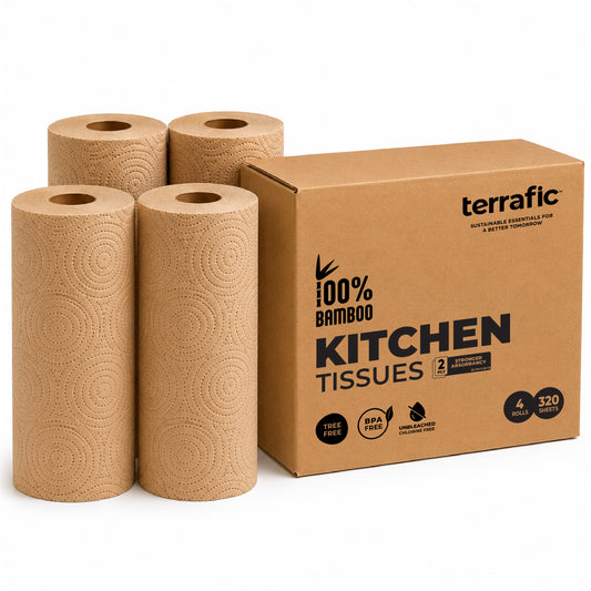 Terrafic Bamboo Kitchen Tissue Rolls | 4 Rolls x 80 Pulls (320 Sheets Total) | Soft, Strong & Highly Absorbent 2-Ply Kitchen Paper Towels | Food-Safe for Cleaning, Cooking & Everyday Multi-Purpose Use
