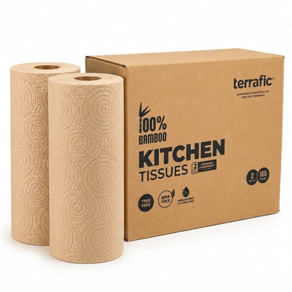 Terrafic Bamboo Kitchen Tissue Rolls | 2 Rolls x 80 Pulls (160 Sheets Total) | Soft, Strong & Highly Absorbent 2-Ply Kitchen Paper Towels | Food-Safe for Cleaning, Cooking & Everyday Multi-Purpose Use