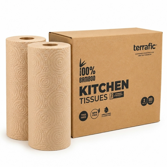 Terrafic Bamboo Kitchen Tissue Rolls | 2 Rolls x 80 Pulls (160 Sheets Total) | Soft, Strong & Highly Absorbent 2-Ply Kitchen Paper Towels | Food-Safe for Cleaning, Cooking & Everyday Multi-Purpose Use