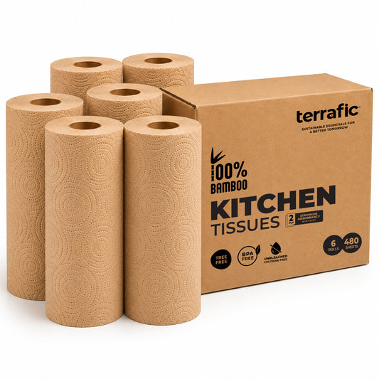 Terrafic Bamboo Kitchen Tissue Rolls | 6 Rolls x 80 Pulls (480 Sheets Total) | Soft, Strong & Highly Absorbent 2-Ply Kitchen Paper Towels | Food-Safe for Cleaning, Cooking & Everyday Multi-Purpose Use
